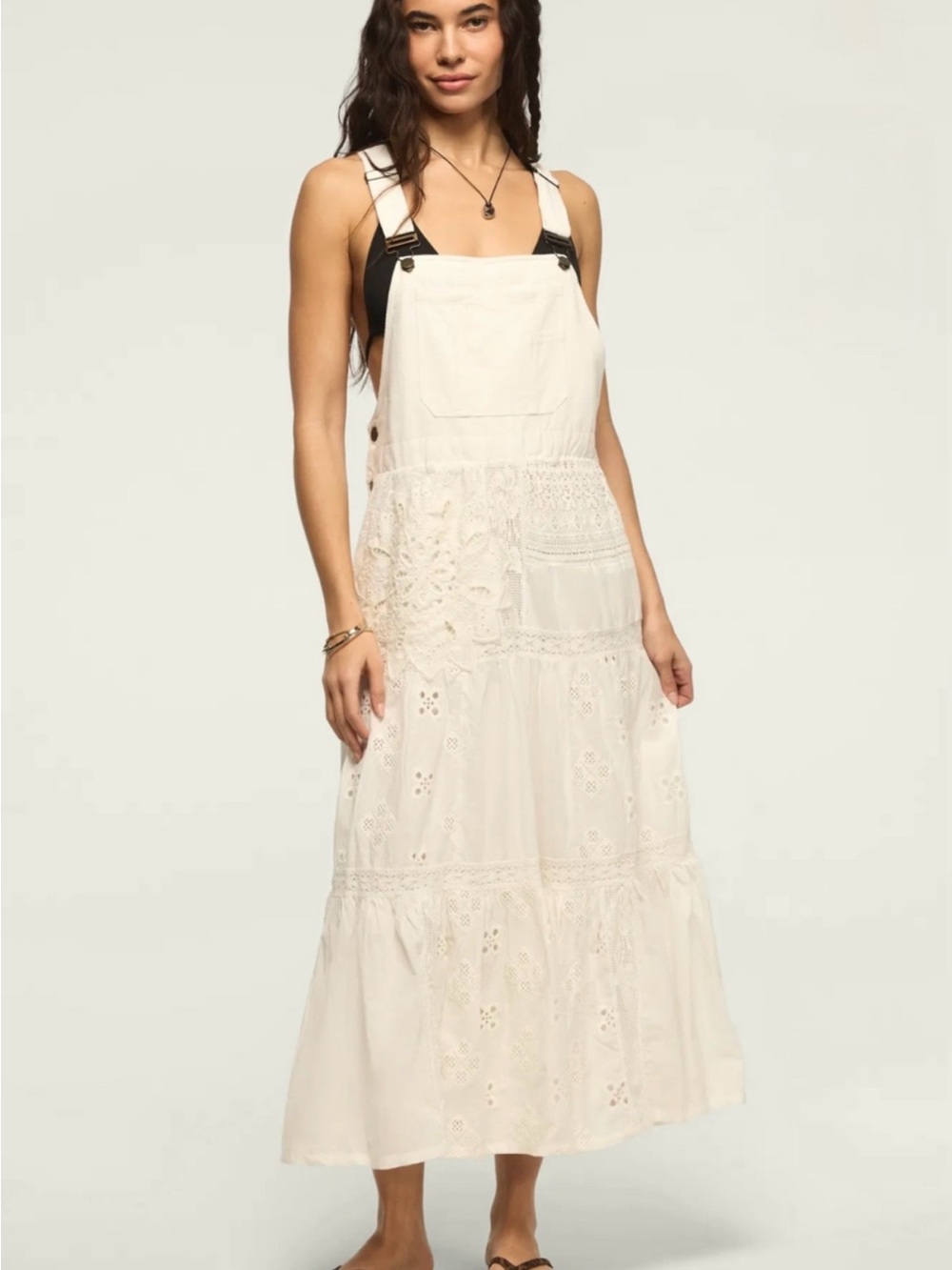 Lucky Brand Cutwork Overall Maxi Dress Tofu Size XL